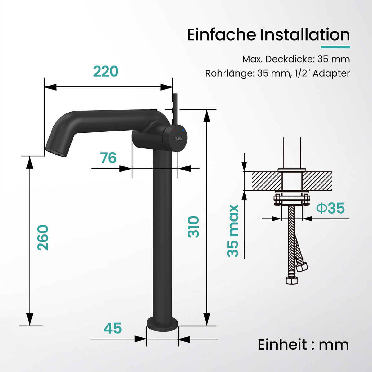 WASCHTISCHARMATUR Wasserzulaufrohr aus Edelstahl Schwarz Matt 26cm - Schwarz, Metall (22/7.6/33.2cm) - EMKE
