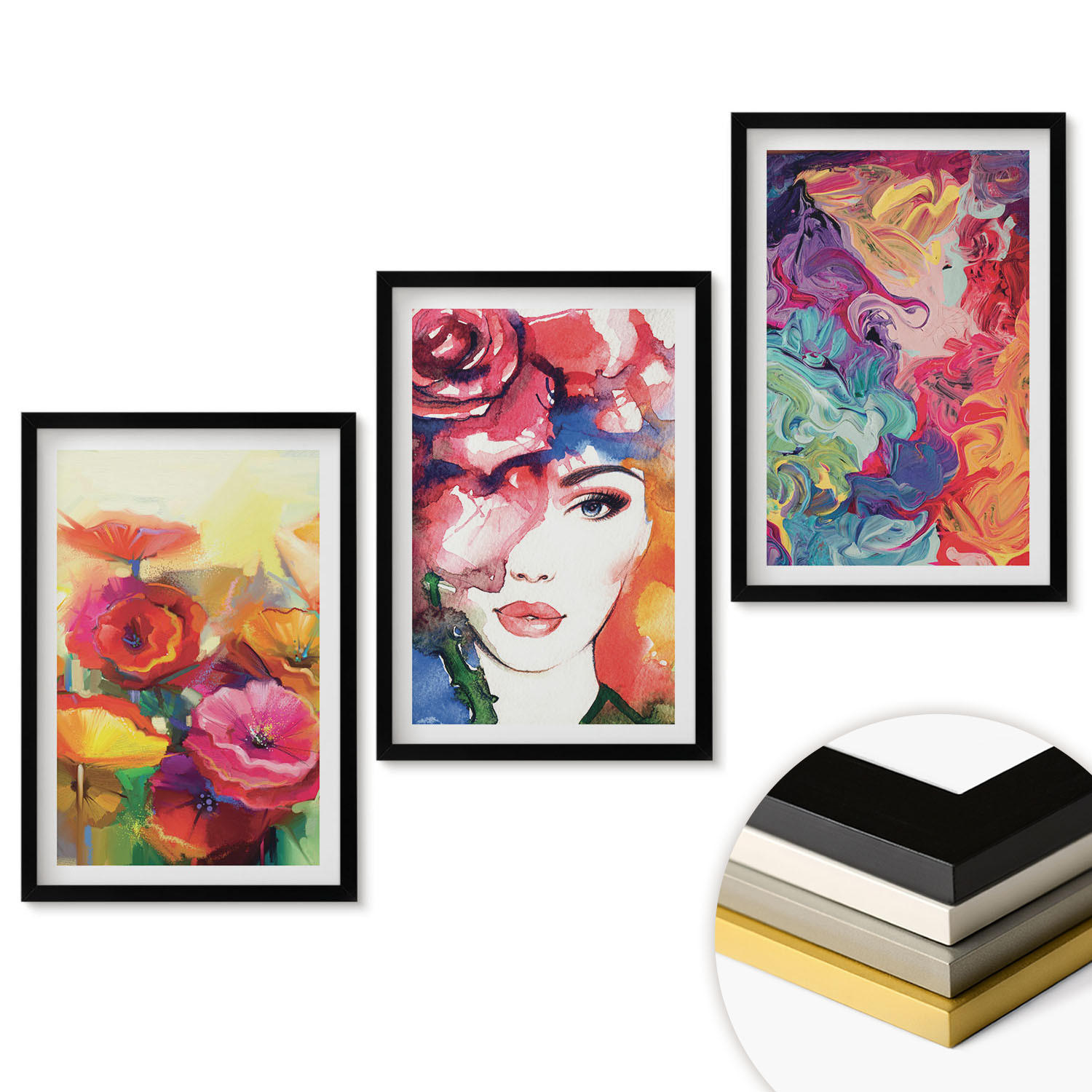 WANDBILDER 3er-Set - 40x60 cm Schwarzer Rahmen - Intensives Blumenporträt einer Frau - Schwarz, Kunststoff (40/60cm) - ArtPrintCave