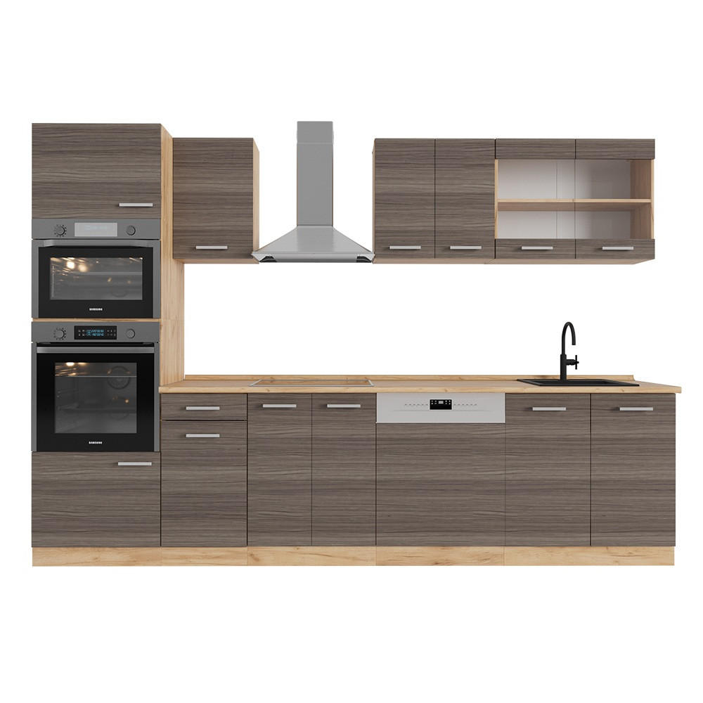 KÜCHENZEILE R-Line Edelgrau/Goldkraft Eiche 300 cm mit Hochschrank, ohne Arbeitsplatte - Honigeiche/Braun, Holzwerkstoff (300/81.6/46cm) - Vicco