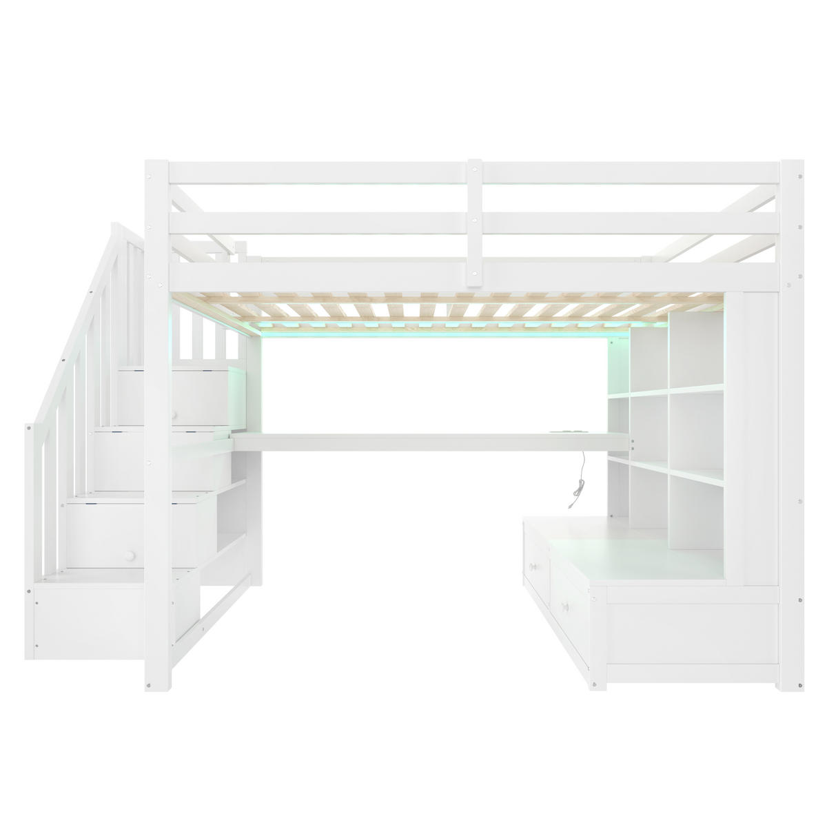 HOCHBETT 140/200 cm DE-03341, mit Schreibtisch, Regalen, 2 Schubladen und LED, in Weiß - Weiß, Holz/Holzwerkstoff (140/200cm) - ComfortXL