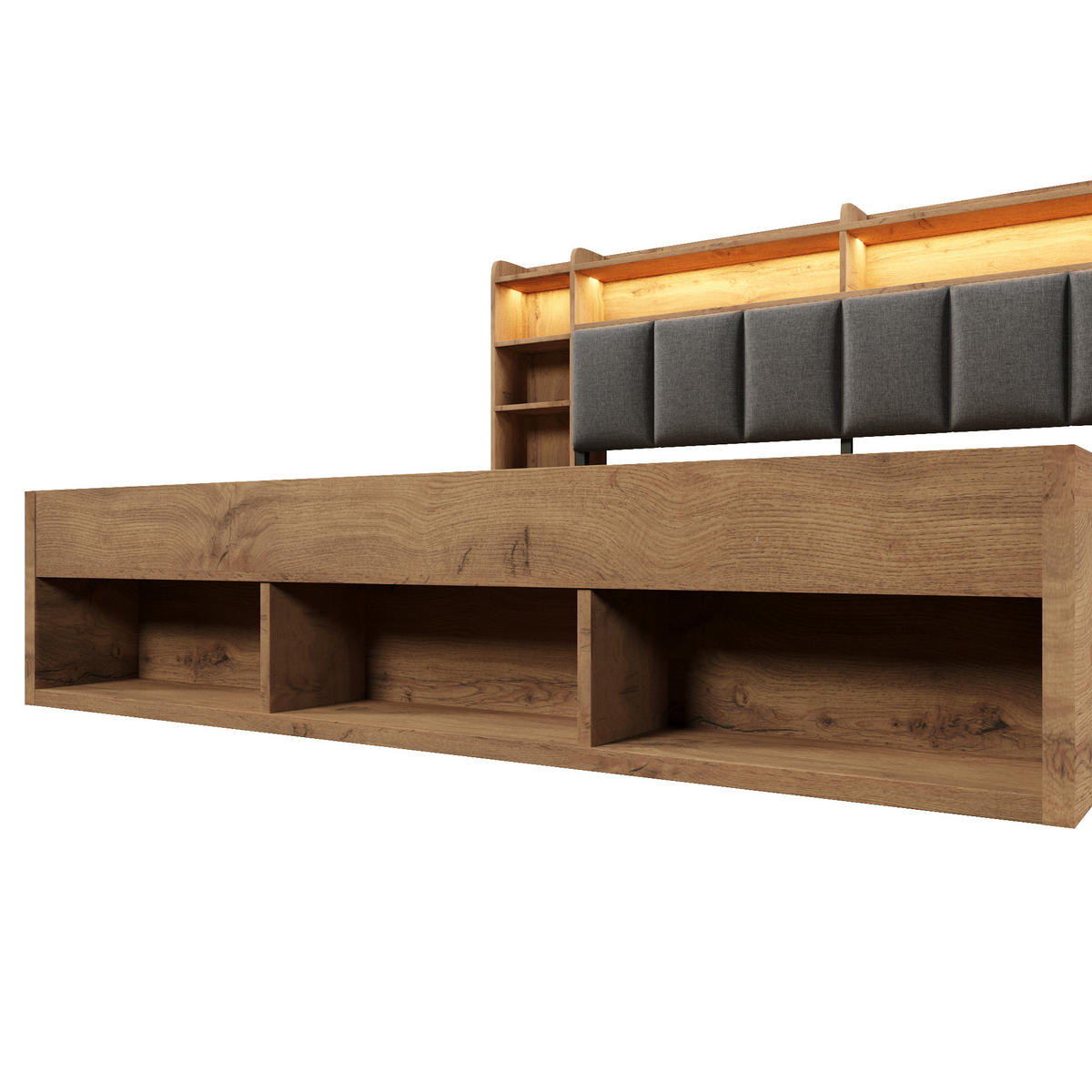 BETT 180/200 cm in Eichefarben mit Schubladen, Regal, LED, USB und Type-C Holzoptik - Eichefarben/Grau, Holzwerkstoff/Textil (180/200cm) - STILVORA