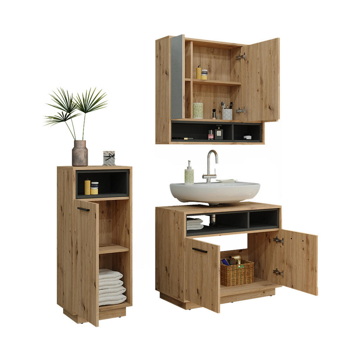 BADMÖBEL-SET Beatrice Artisan-Eiche 3 Teile - Anthrazit/Eiche Artisan, Holzwerkstoff (80/64/40cm) - Vicco