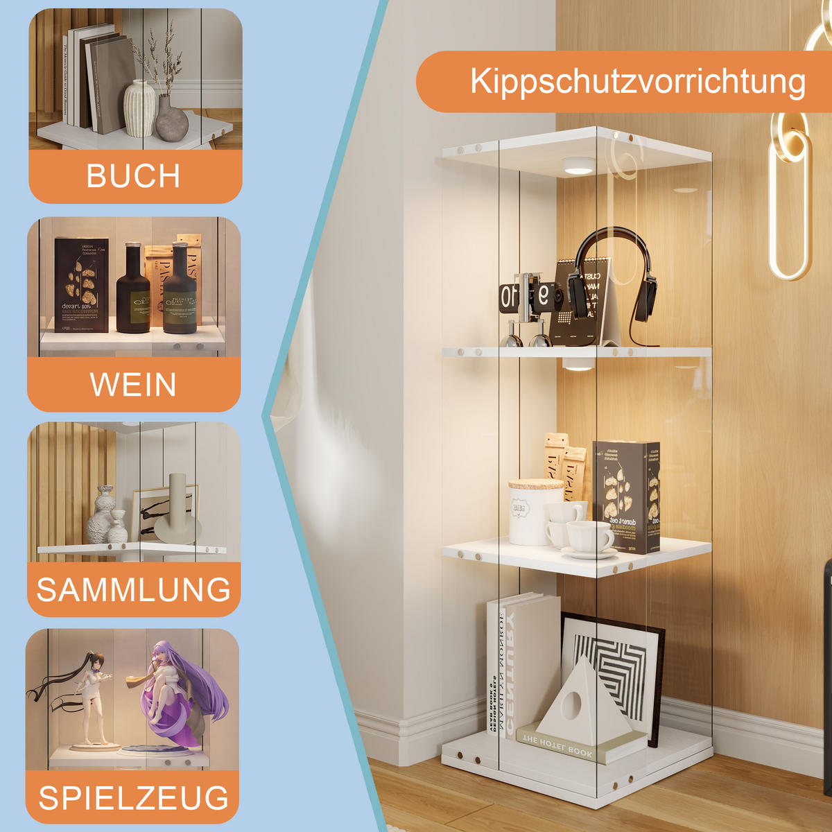 GLASVITRINE mit 3 Einlegeböden, 360-Grad-Drehbasis, Berührungs-LED, in Weiß - Weiß, Glas (38/121/38cm) - BRILVERDE