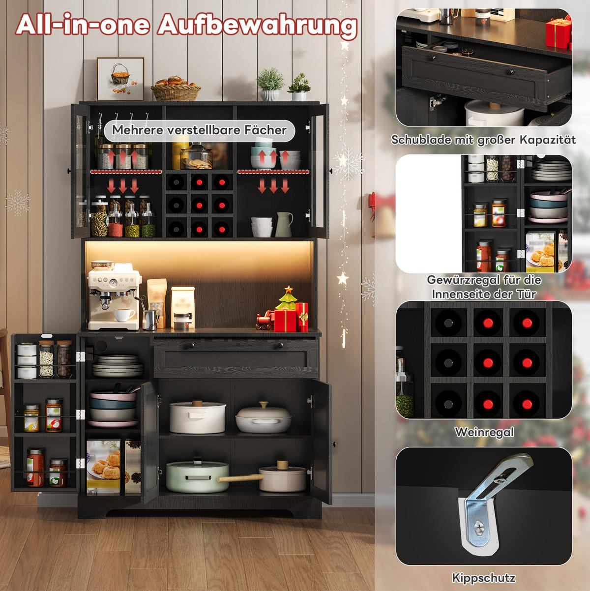 BUFFETSCHRANK aus MDF 40x105x180 cm Schwarz mit LED-Beleuchtung, Steckdosenleiste, Weinregal und verstellbaren Einlegeböden - Schwarz, Holzwerkstoff (105/180/40cm) - Modfu