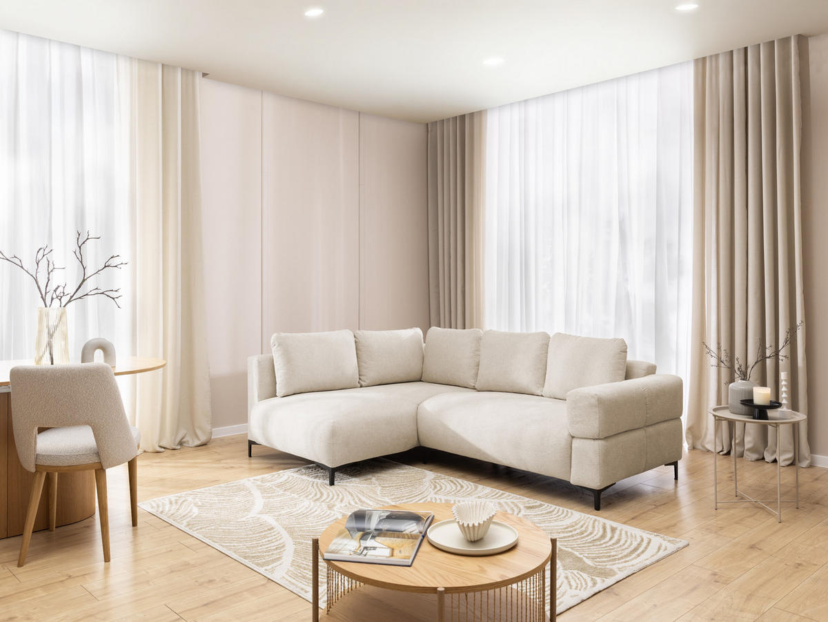 ECKSOFA Cardea in Bubble-Optik aus weichem Hellbeige Strukturstoff mit hohem Sitzkomfort - Ottomane links - Beige/Schwarz, Holz/Textil (170/230cm) - S-Style Möbel