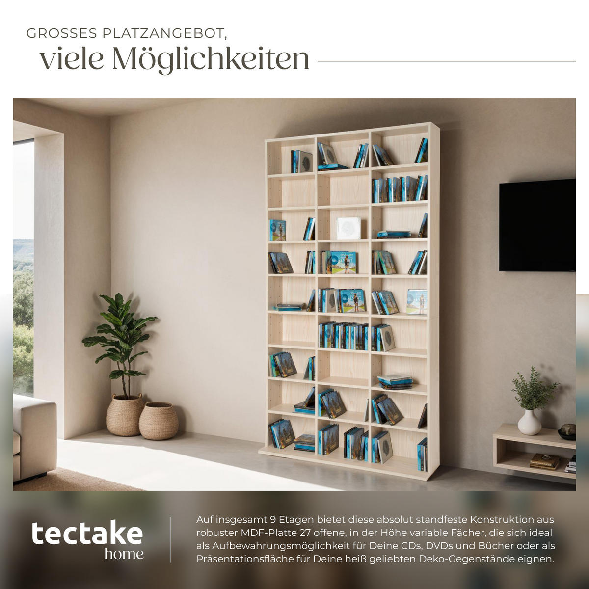 CD/DVD Regal Christel,180 x 102 x 23,5 cm,buche - Buchefarben, Holz (23.5/180/102cm) - tectake
