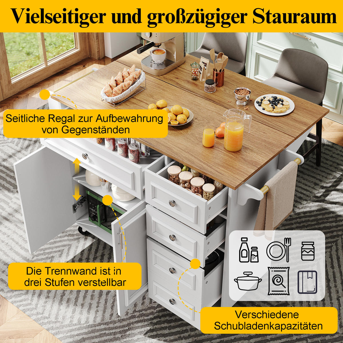 KÜCHENINSEL 110x75x92cm Weiß mit Klapptisch & Schubladen - Weiß, Holzwerkstoff (110/92/75cm) - Modfu