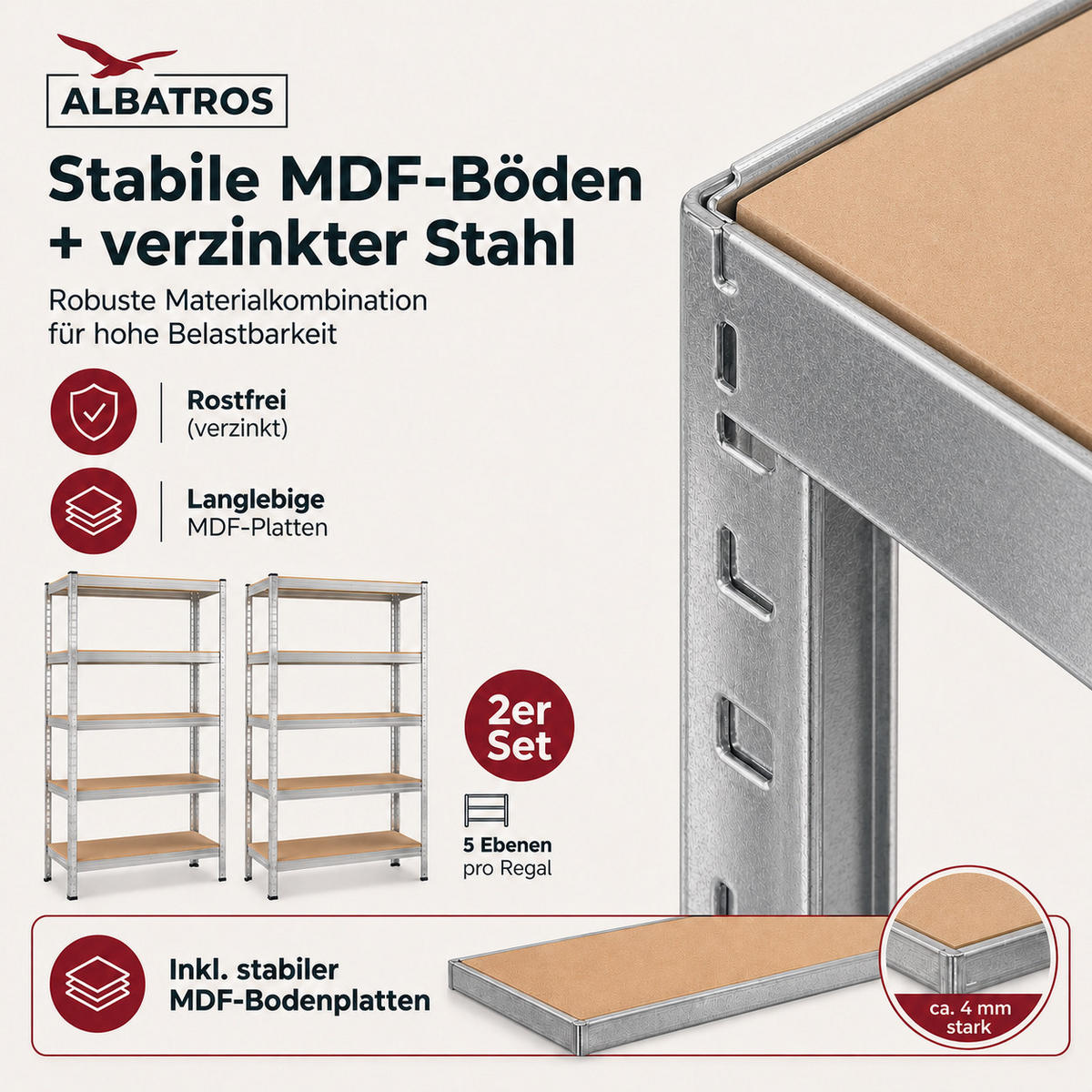 SCHWERLASTREGAL SR2S - Silberfarben, Metall (90/180/40cm) - Albatros