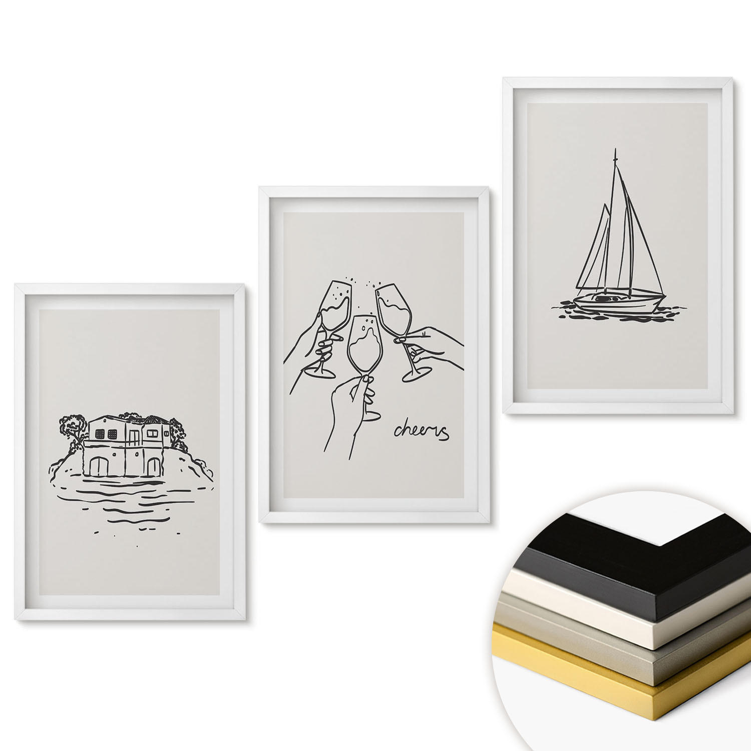 WANDBILDER 3er-Set - 40x60 cm Weißer Rahmen - Haus am Wasser, Segelboot-Toast - Weiß, Kunststoff (40/60cm) - ArtPrintCave