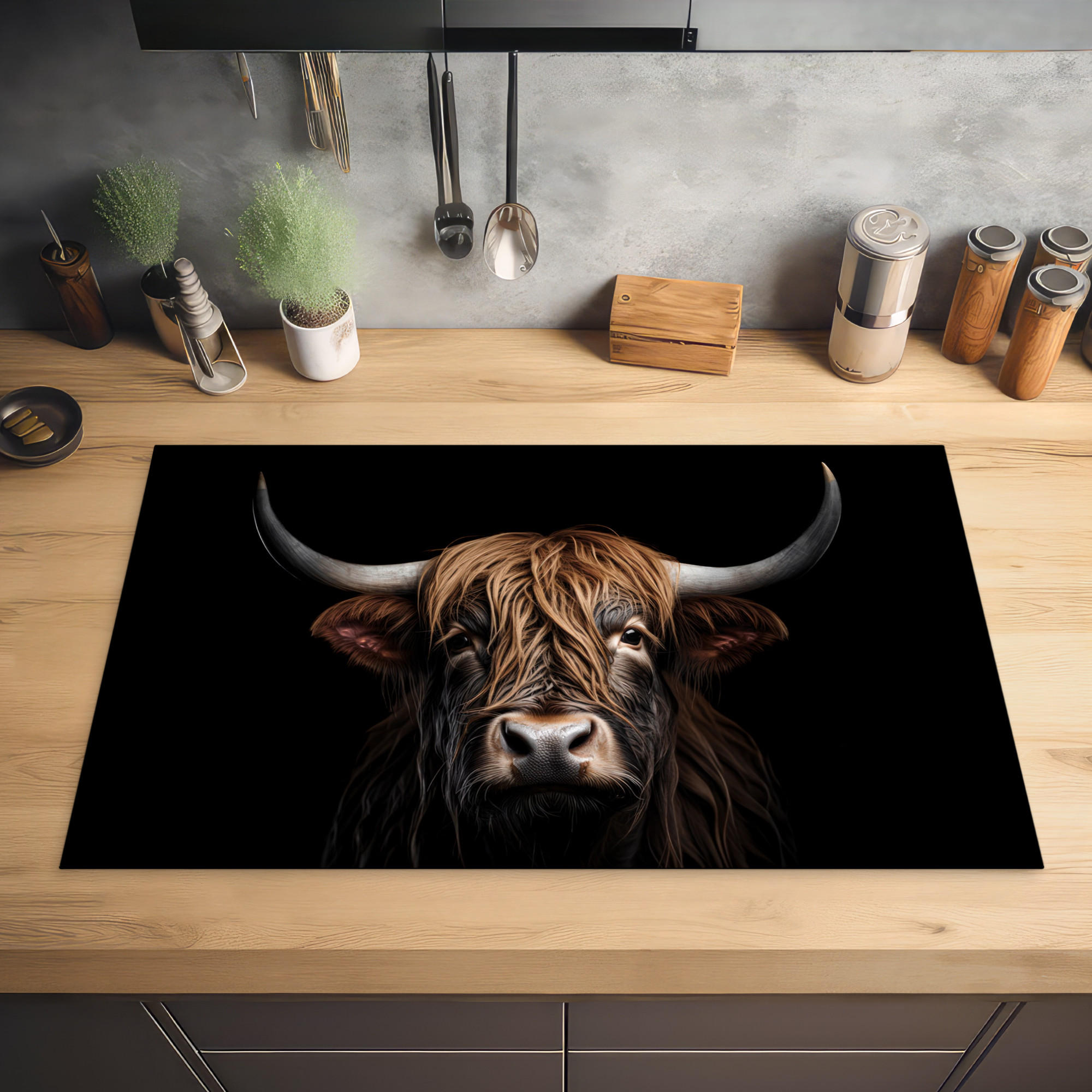 HERDABDECKPLATTE Schottischer Highlander - Porträt - Schwarz - Tier 83x51 cm - Braun, Kunststoff (83/0.2/51.5cm) - MuchoWow