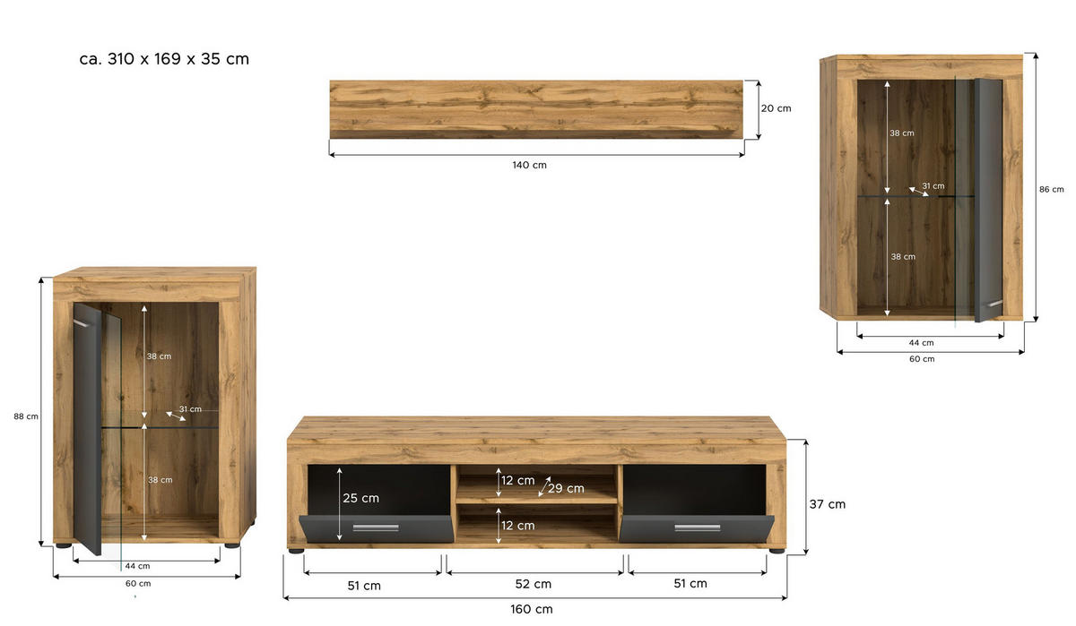 WOHNWAND Milo 4 tlg. (B/H/T: ca. 310/169/40 cm) in Wotan Eiche /grau - Eiche Wotan, Holzwerkstoff (310/169/40cm)