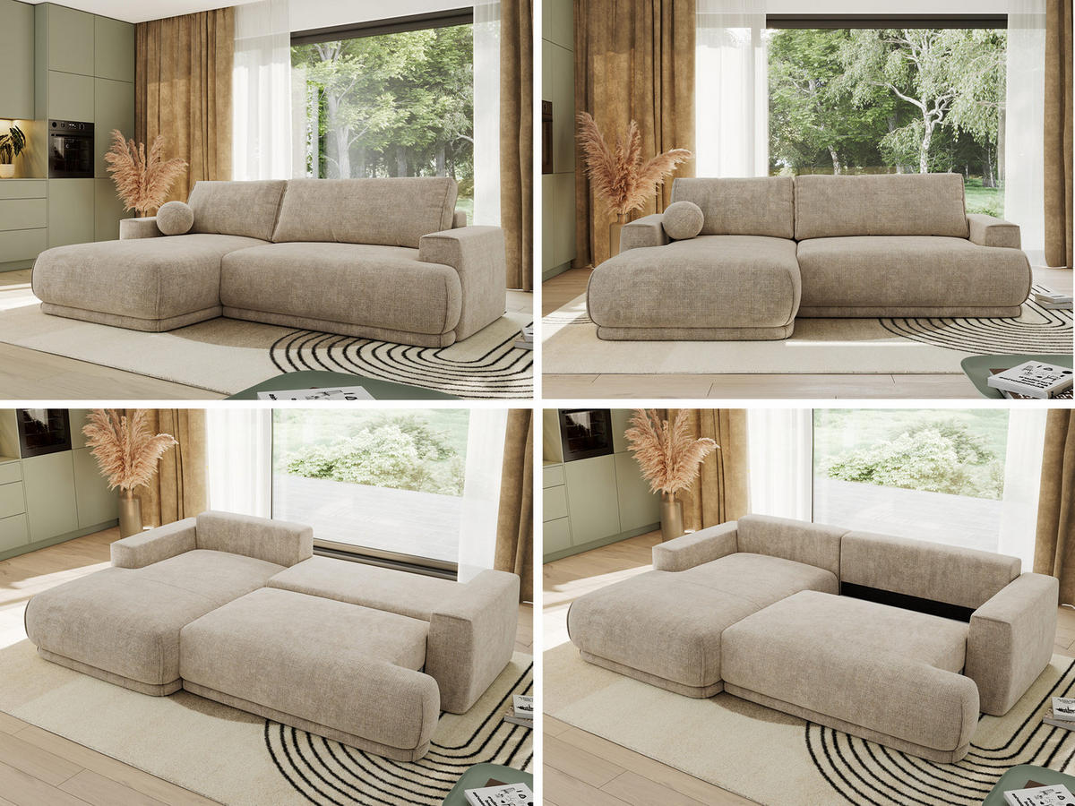 ECKSCHLAFSOFA RINA L Beige Schenille grob gewebt - links - Beige/Schwarz, Kunststoff/Textil (267/170cm) - MKS