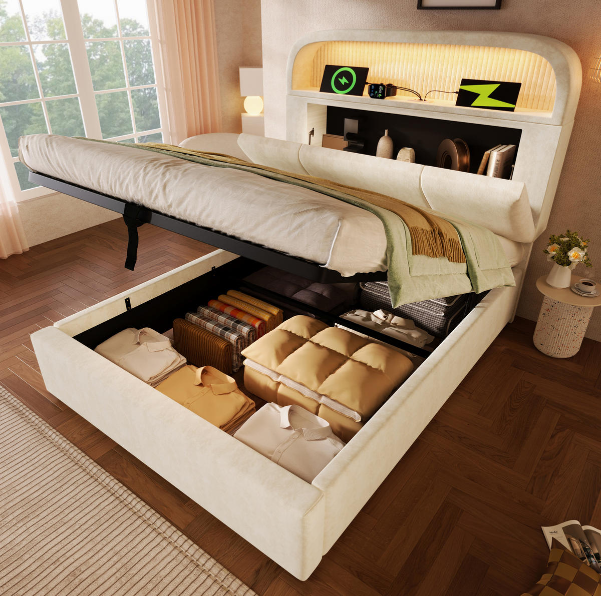 POLSTERBETT mit Stauraum 90x200 cm Samt Beige mit LED & USB - Beige, Metall (90/200cm) - Meubliv