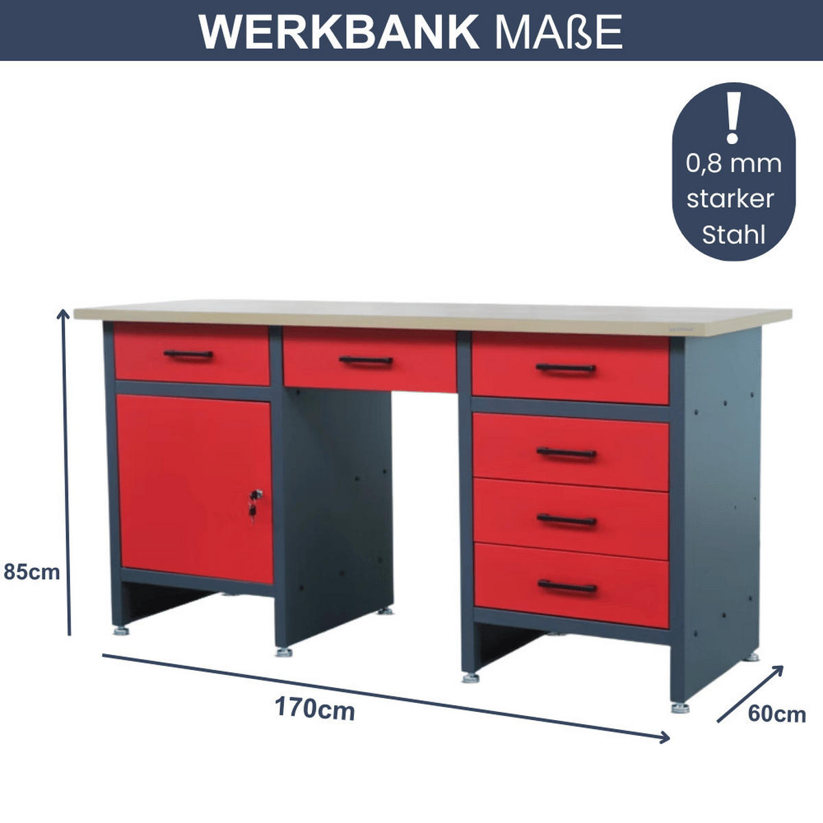 WERKBANK Werkstatt KARL 1x Tür 85x170x60cm Anthrazit-Rot - Anthrazit, Metall (170/85/60cm) - DELUKE