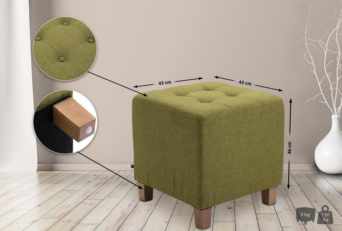 SITZWÜRFEL eckig 45/45/46 cm Stoff grün - Naturfarben/Grün, Holz/Textil (45/46/45cm) - CLP