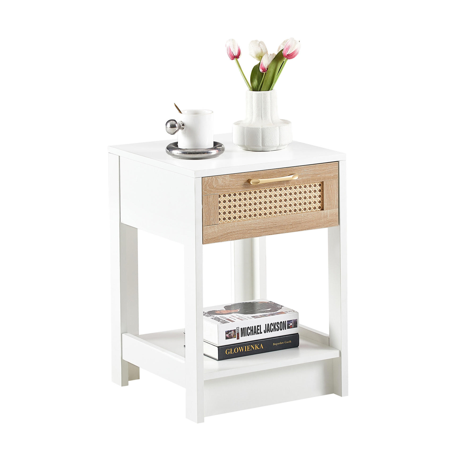 Redom NOČNÍ stolek 40/40/55 cm se zásuvkou, ratanovým dekorem a konstrukcí z MDF, Přírodní/Bílá