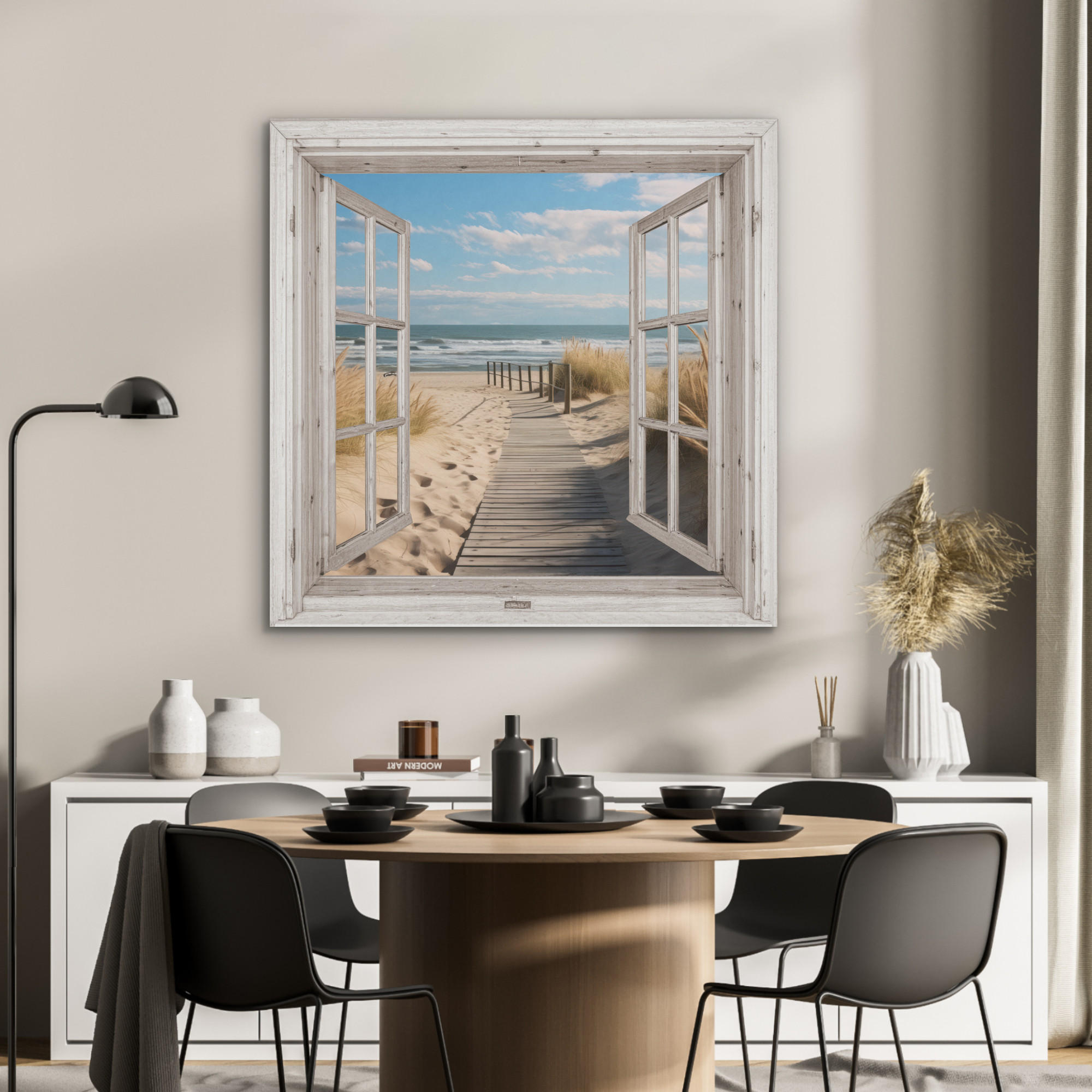 AKUSTIKPANEEL Fenster - Meer - Küste - Natur - Ausblick - Strand - Wattenmeer 90x90 cm - Beige, Textil (90/0.9/90cm) - MuchoWow