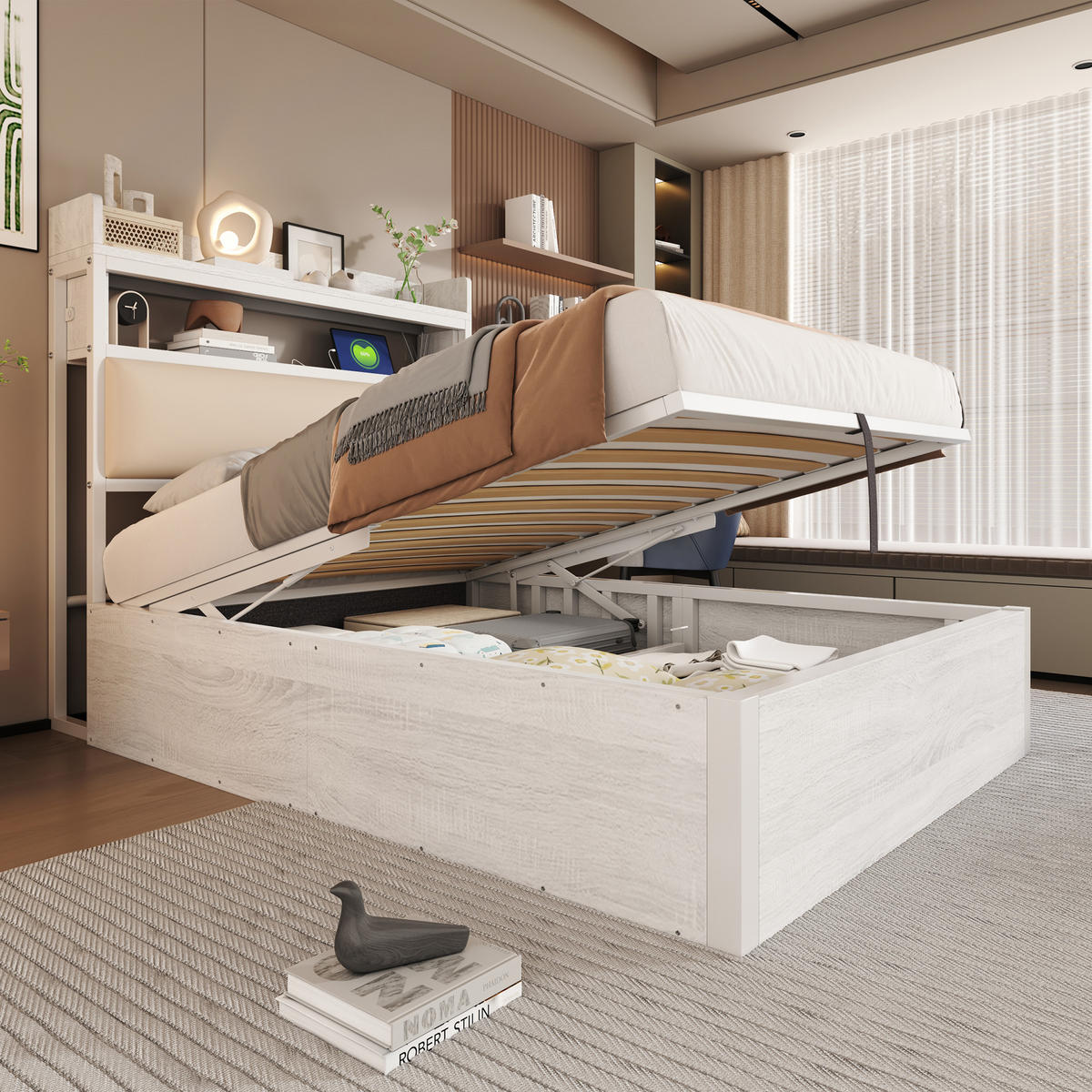 POLSTERBETT 90/200 cm weiß aus Metall und Holz mit Stauraum und USB - Weiß, Metall (90/200cm) - OKWISH