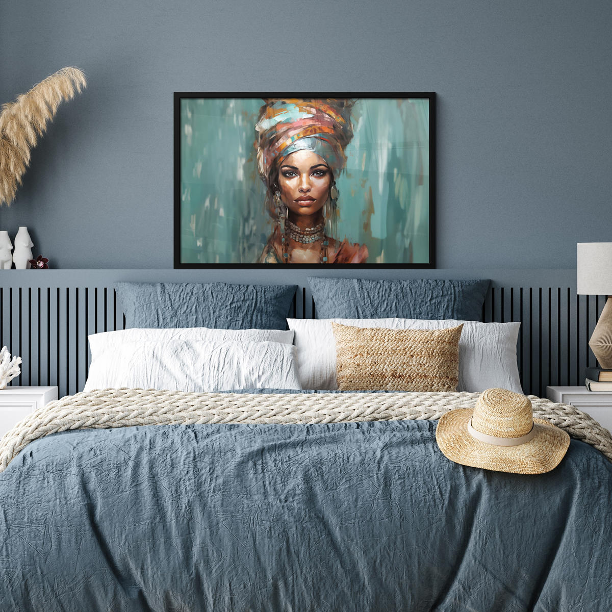 ZARÁMOVANÝ PLAGÁT Žena - Umenie - Šperky - Portrét 90x60 cm - modrosivá, papier (90/60cm) - MuchoWow