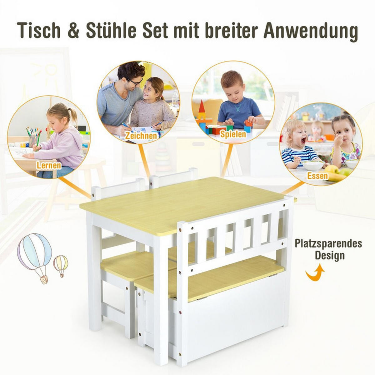KINDERSITZGRUPPE mit Stauraum natur(4-tlg) - Naturfarben, Holzwerkstoff (70/51/48cm) - COSTWAY