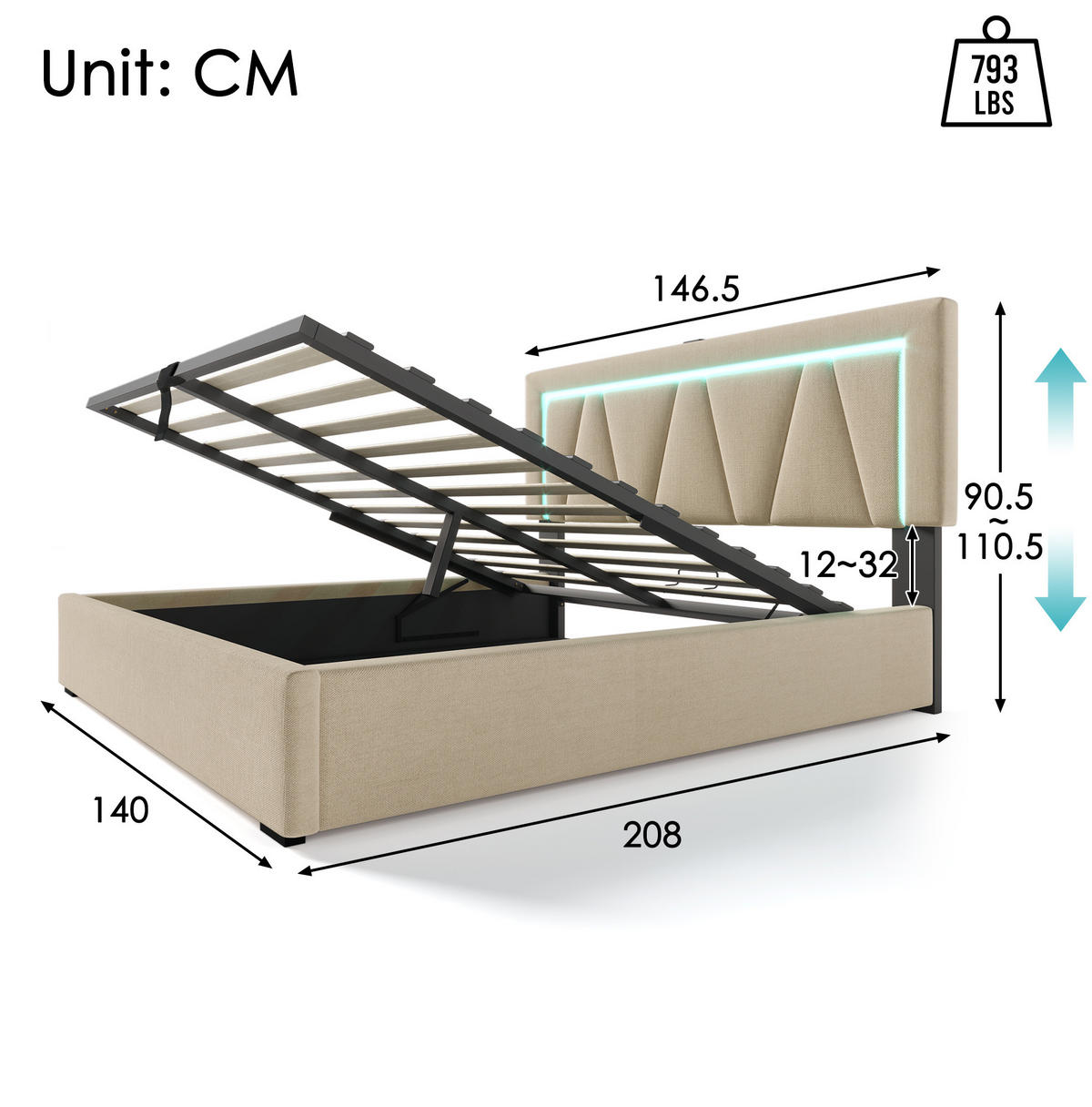 ČALÚNENÁ posteľ 140/200 cm béžová s LED, USB a úložným priestorom z ľanovej tkaniny - béžová, textil (140/200cm) - OKWISH