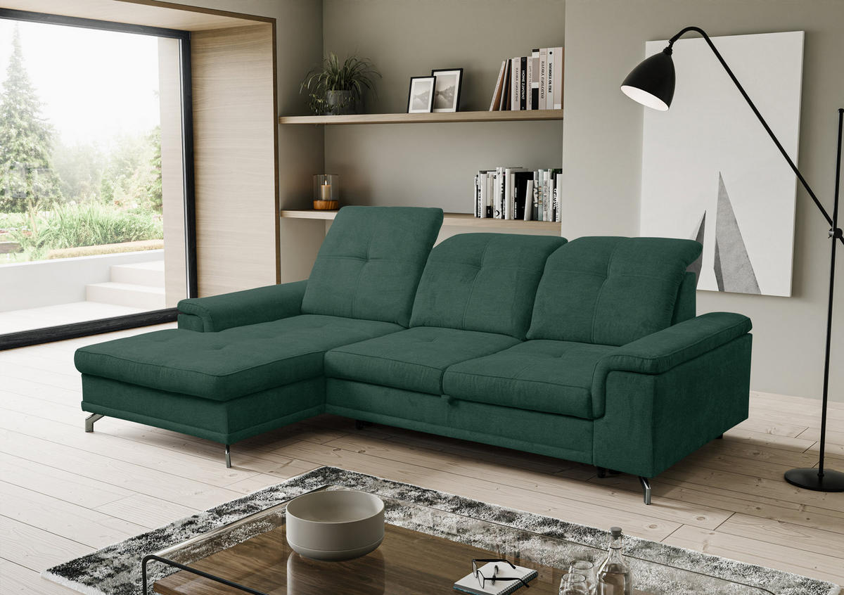 ECKSOFA PANAMA mit Schlaffunktion und Bettkasten, Farbe: Grün, Velourstoff, Ottomane Links - Grün, Textil (270/180cm) - VENASI MÖBEL