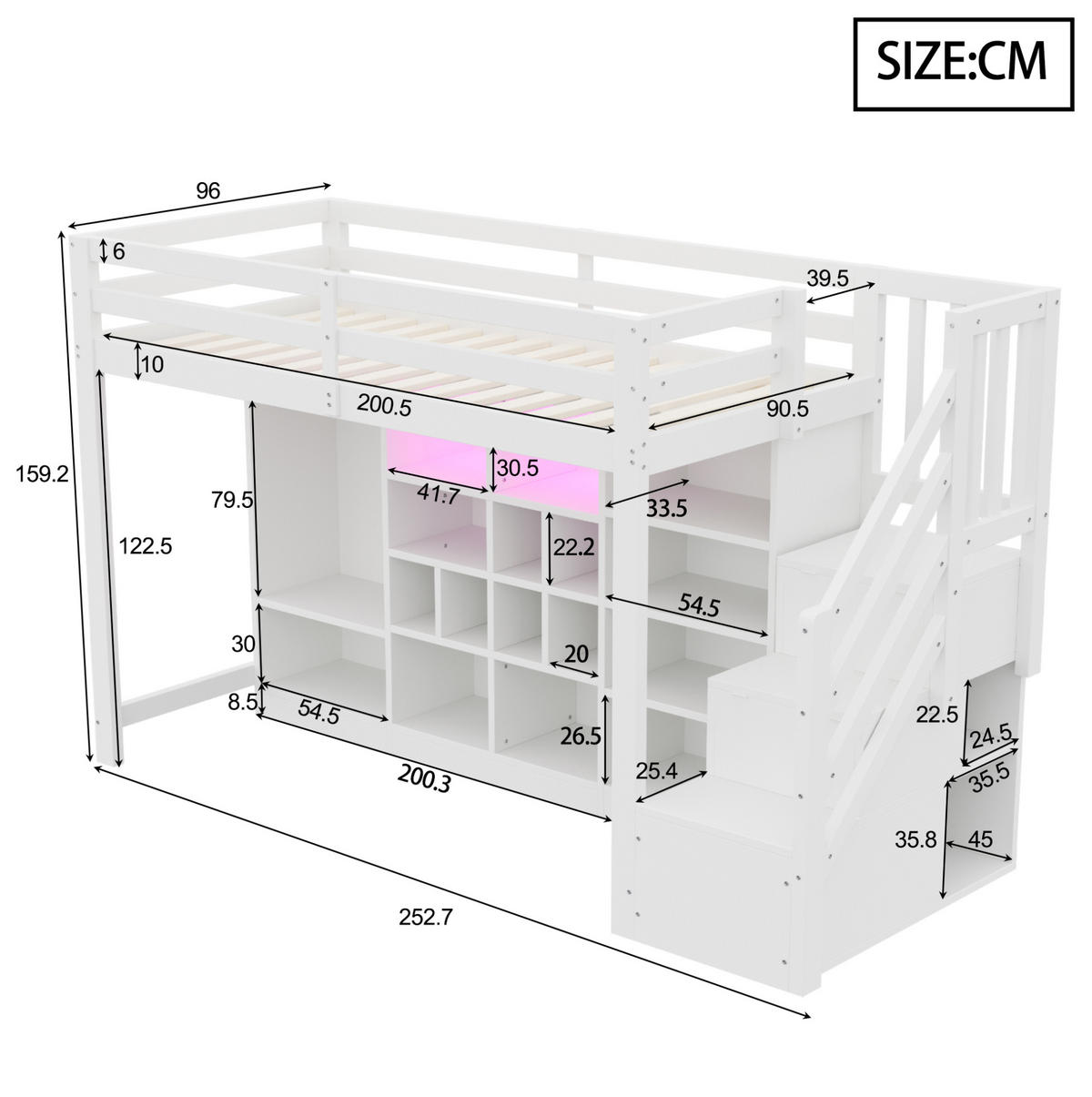 VISOKI krevet 90 x 200 cm s integriranim spremištem, LED rasvjetom i bočnim ljestvama, Bijela - bijela, drvni materijal (90/200cm) - Redom