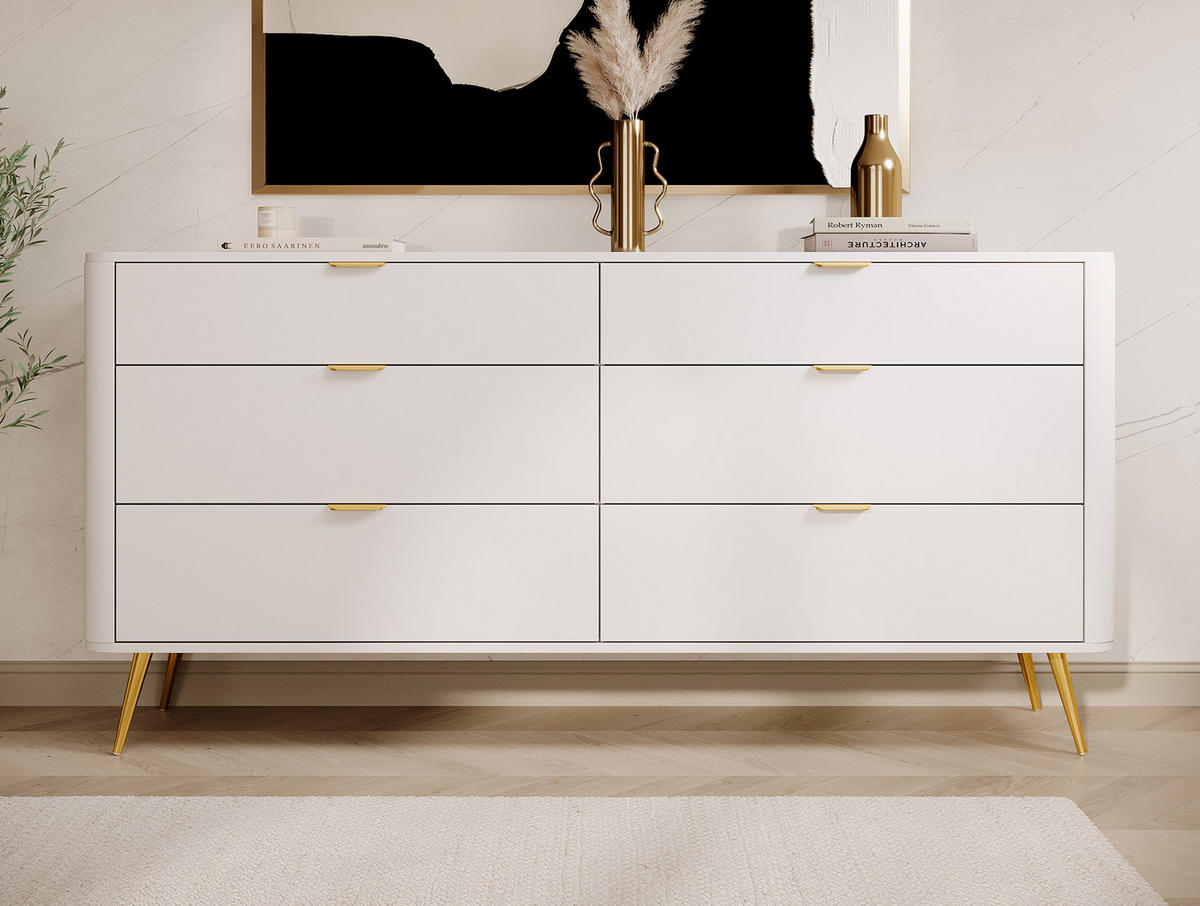 KOMMODE Oval Weiß 172 cm - Goldfarben/Weiß, Holzwerkstoff/Metall (172/84/38cm) - Selsey
