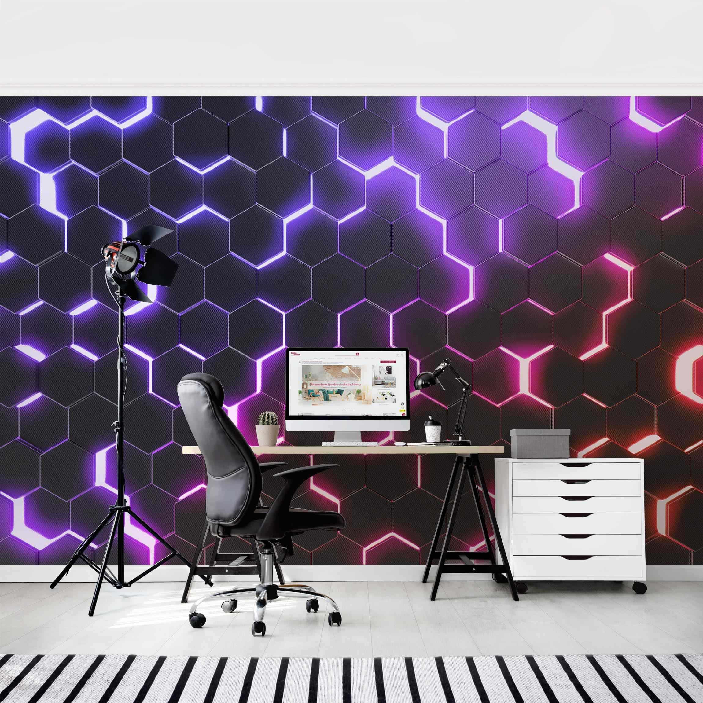 FOTOTAPETE Strukturierte Hexagone mit Neonlicht in Rosa und Lila 432/290 cm - Schwarz, Papier (432/290cm) - Bilderwelten