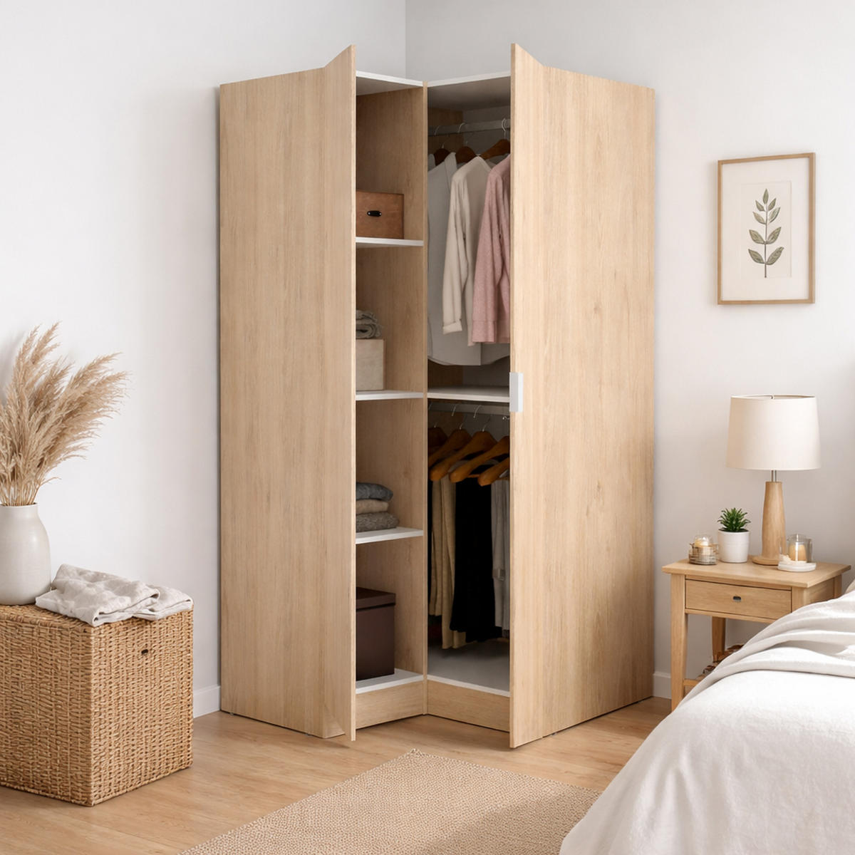 ECKKLEIDERSCHRANK Holz-Effekt Eiche 92.5x90.5h184 - Braun, Holzwerkstoff (91/184/93cm) - DMORA