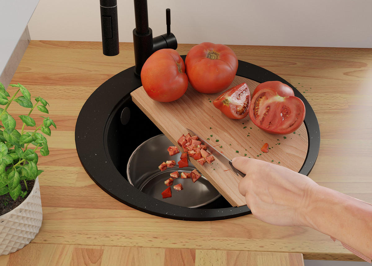 SPÜLBECKEN RUND Pisa, 2-er set Schwarz Metallic 50/50 cm 1 Becken + Ablauf-Set + Schneidebrett ab 45er Unterschrank - Chromfarben/Schwarz Hochglanz, Kunststoff (50/20/50cm) - Primagran