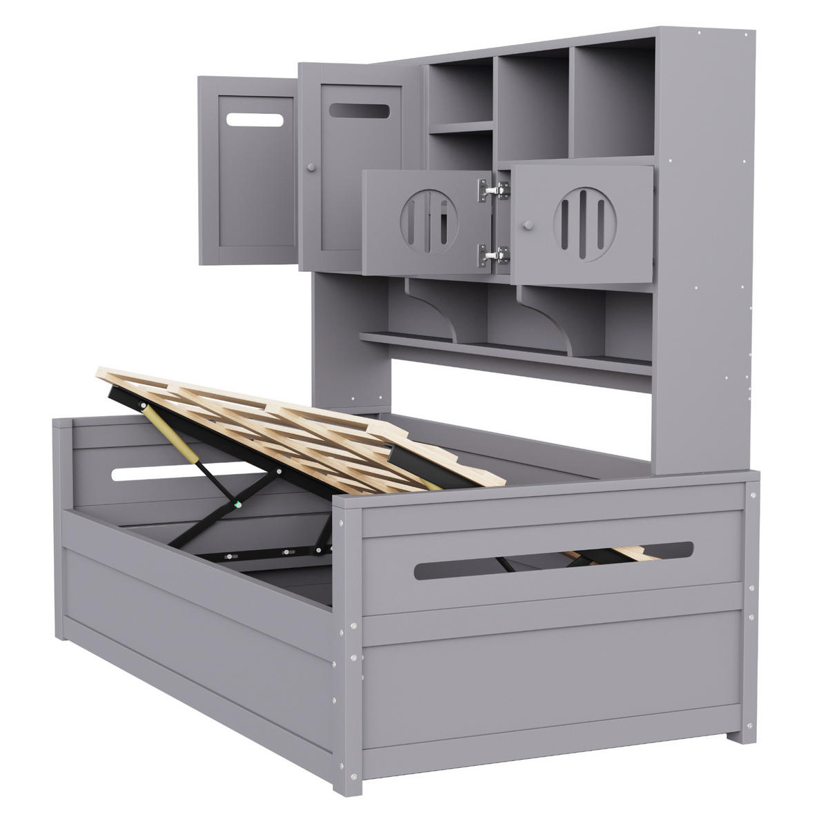 BETT 90/200 cm Grau mit hydraulischem Stauraum und Kopfteilregal - Grau, Holz (90/200cm) - Flora Grace