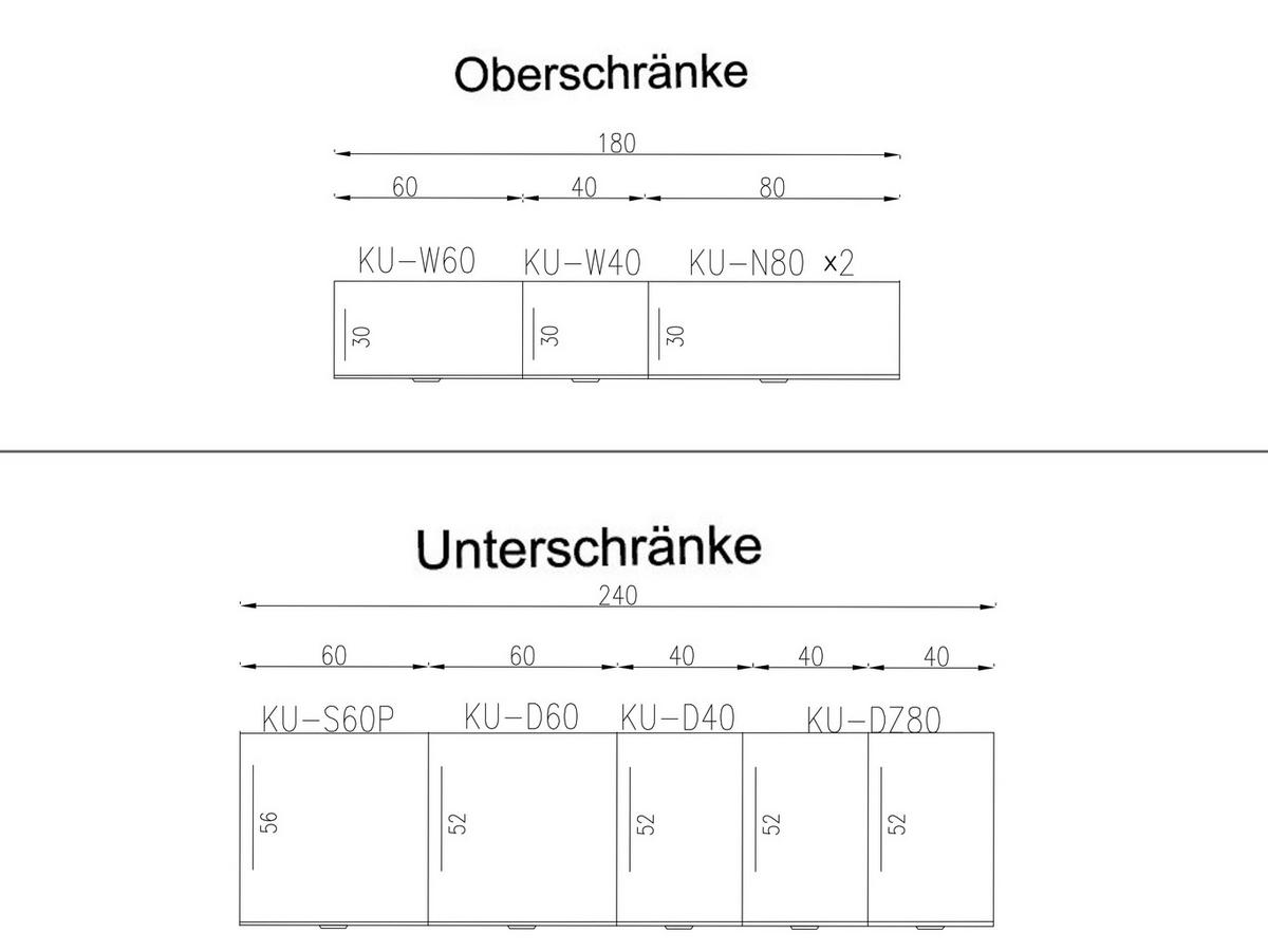 KÜCHENZEILE – 240 cm – KU-SA18 – Lunara – Weiß Matt – ohne E-Geräte - Schwarz/Weiß, Holzwerkstoff/Metall (240/213/56cm) - hi-markt