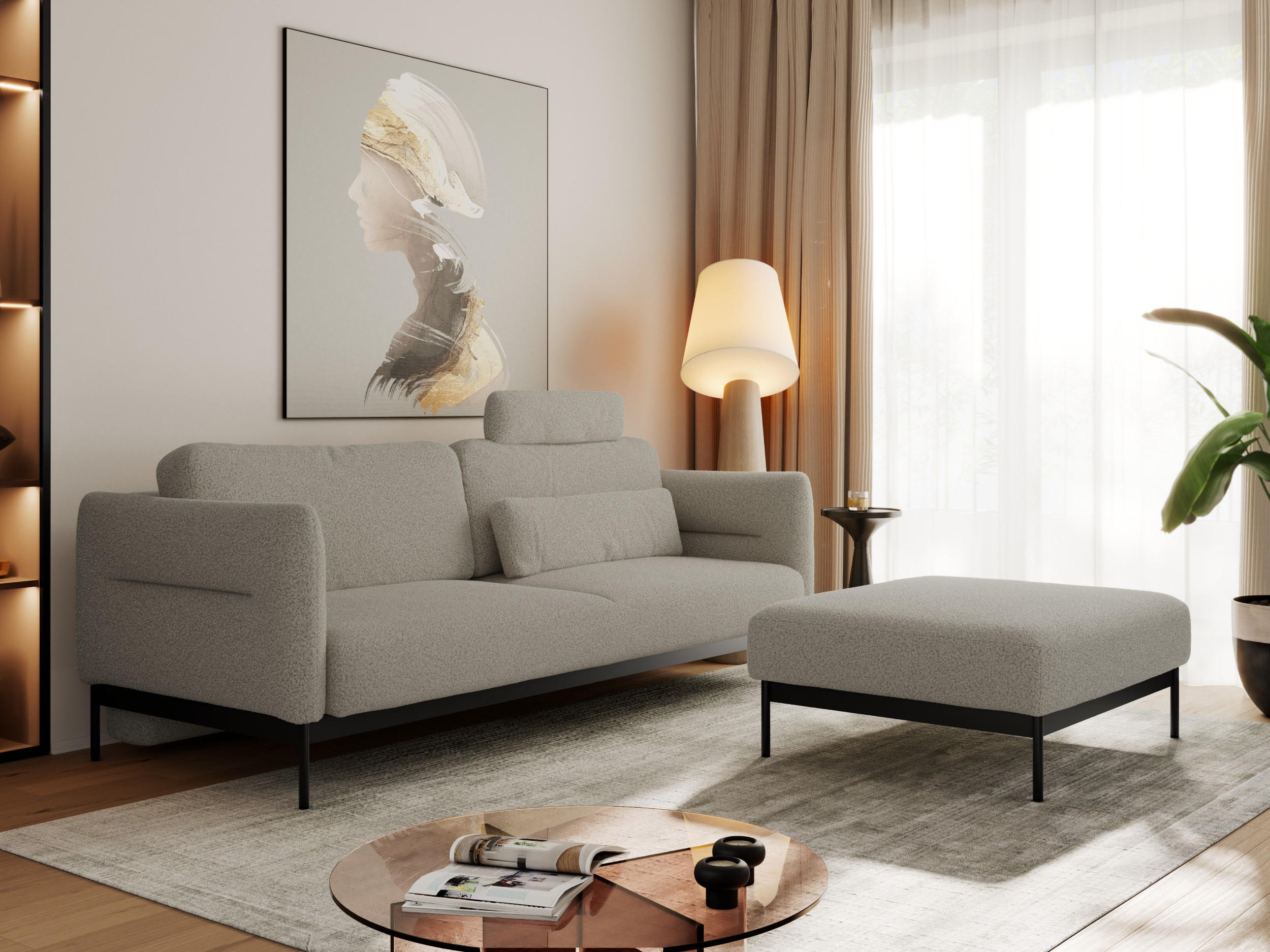 SCHLAFSOFA SALENTO Hellgrau Boucle - Hellgrau/Schwarz, Textil/Metall (221/82/193cm) - MKS