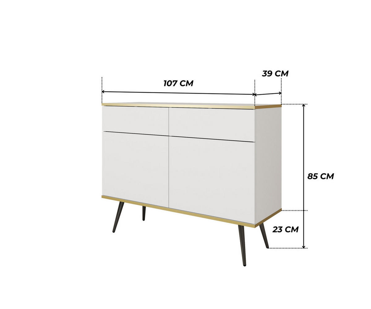 KOMMODE FORNO (Weiß, Goldene Details, 2 Türen, 2 Schubladen, schwarze Metallfüße) - Schwarz/Weiß, Holz/Holzwerkstoff (107/85/39cm) - Ravio