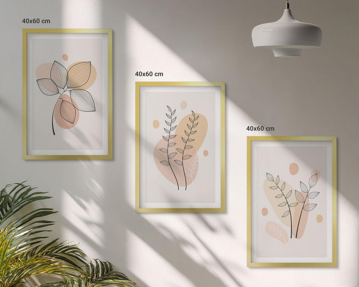 BILDER SET 3er Set - 40x60 cm Goldrahmen - Pastellfarbene Pflanzenzeichnungen - Goldfarben, Kunststoff (40/60cm) - TULUP