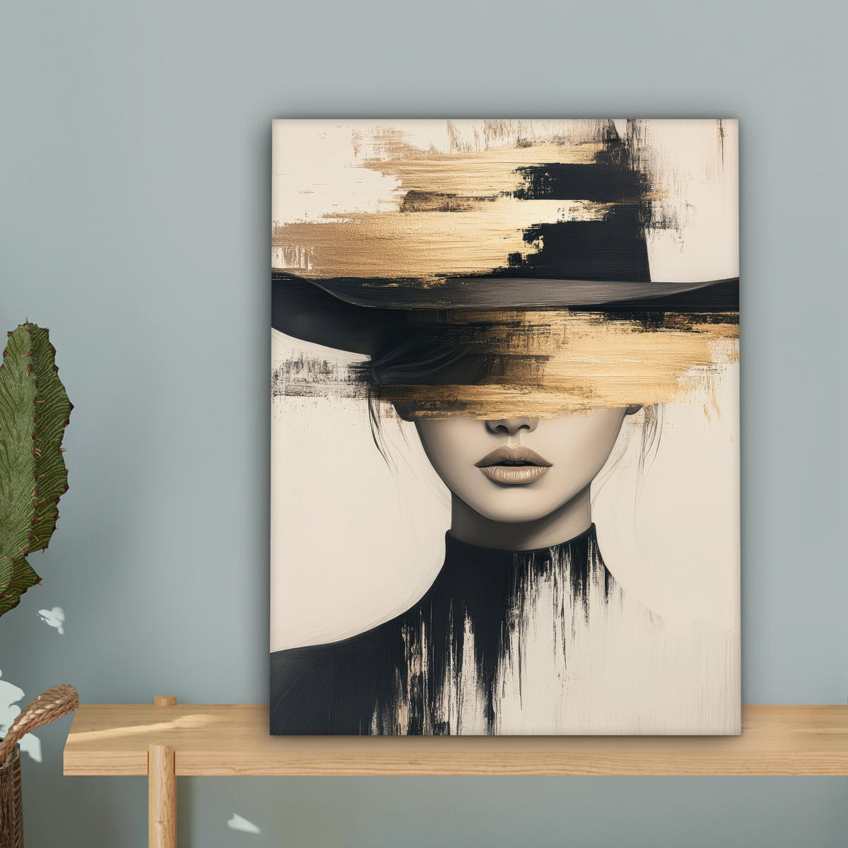 LEINWANDBILD Frau - Hut - Farbe 30x40 cm - Goldfarben, Textil (30/40cm) - MuchoWow