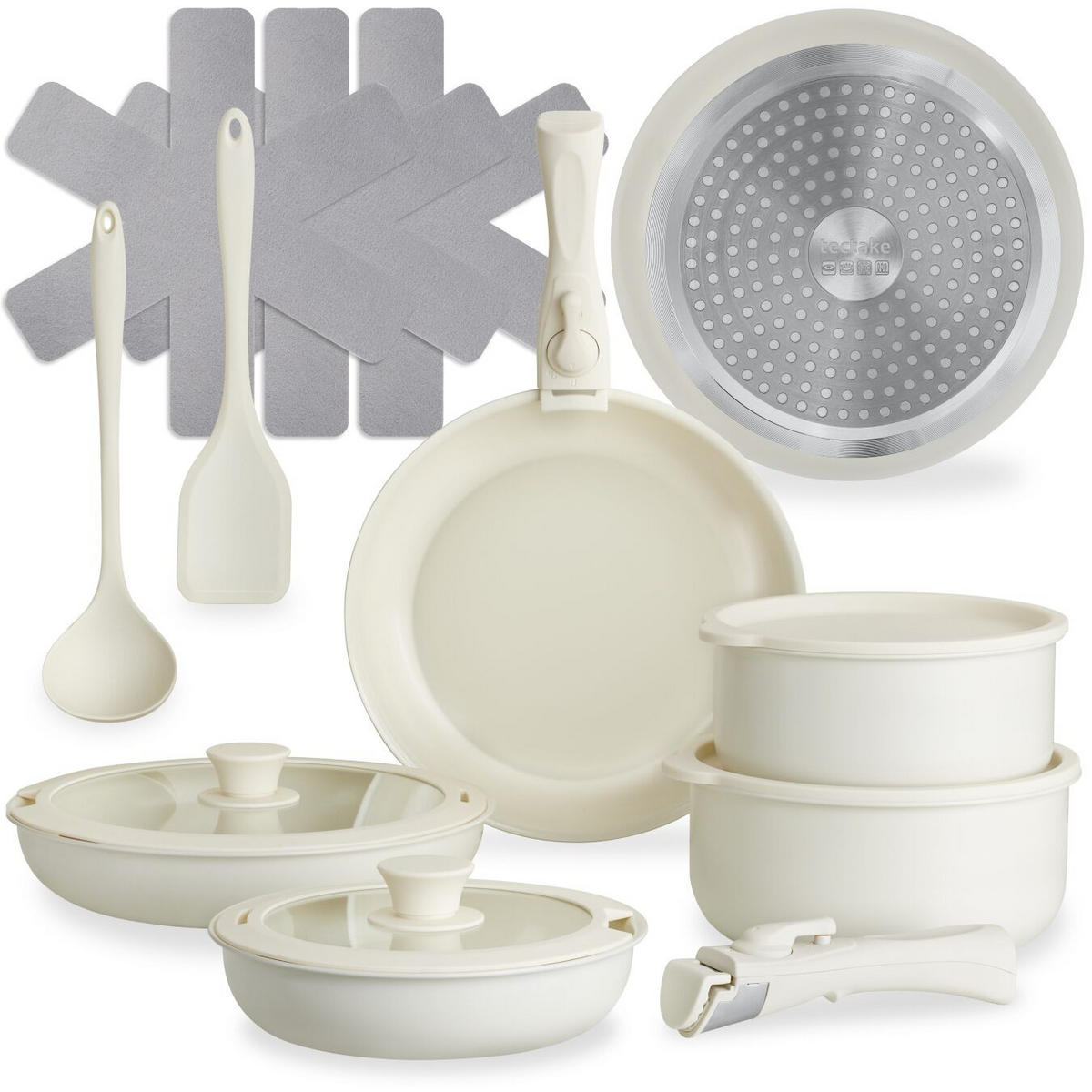 KOCHTOPFSET Genua,2 Küchenwerkzeuge und 3 Topfschoner aus Filz,weiß - Weiß, Metall - tectake