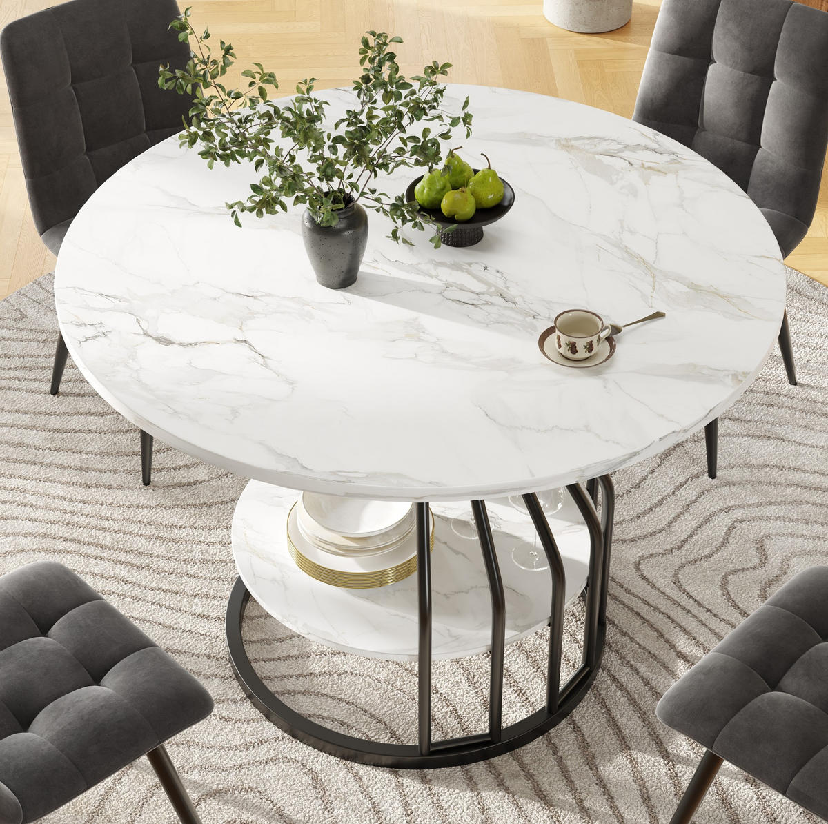 ESSTISCH 80x80x76 cm in Weiß und Schwarz aus MDF mit Marmoroptik und Stauraum - Weiß, Holzwerkstoff (80/80/76cm) - Modfu