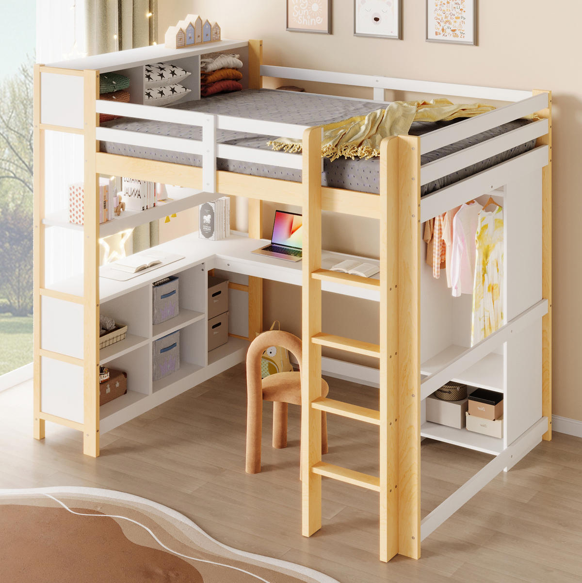 HOCHBETT 140/200 cm mit Schreibtisch, Regalen und Kleiderschrank aus Kiefern, Natur/Weiß - Weiß, Holzwerkstoff (140/200cm) - Redom