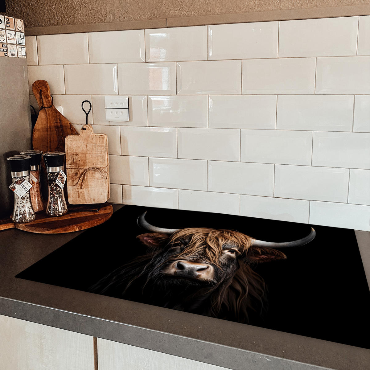 HERDABDECKPLATTE Schottischer Highlander - Porträt - Schwarz - Tier Induktionsschutz 80x52.2 cm - Braun, Kunststoff (80.2/52.2/0.2cm) - MuchoWow