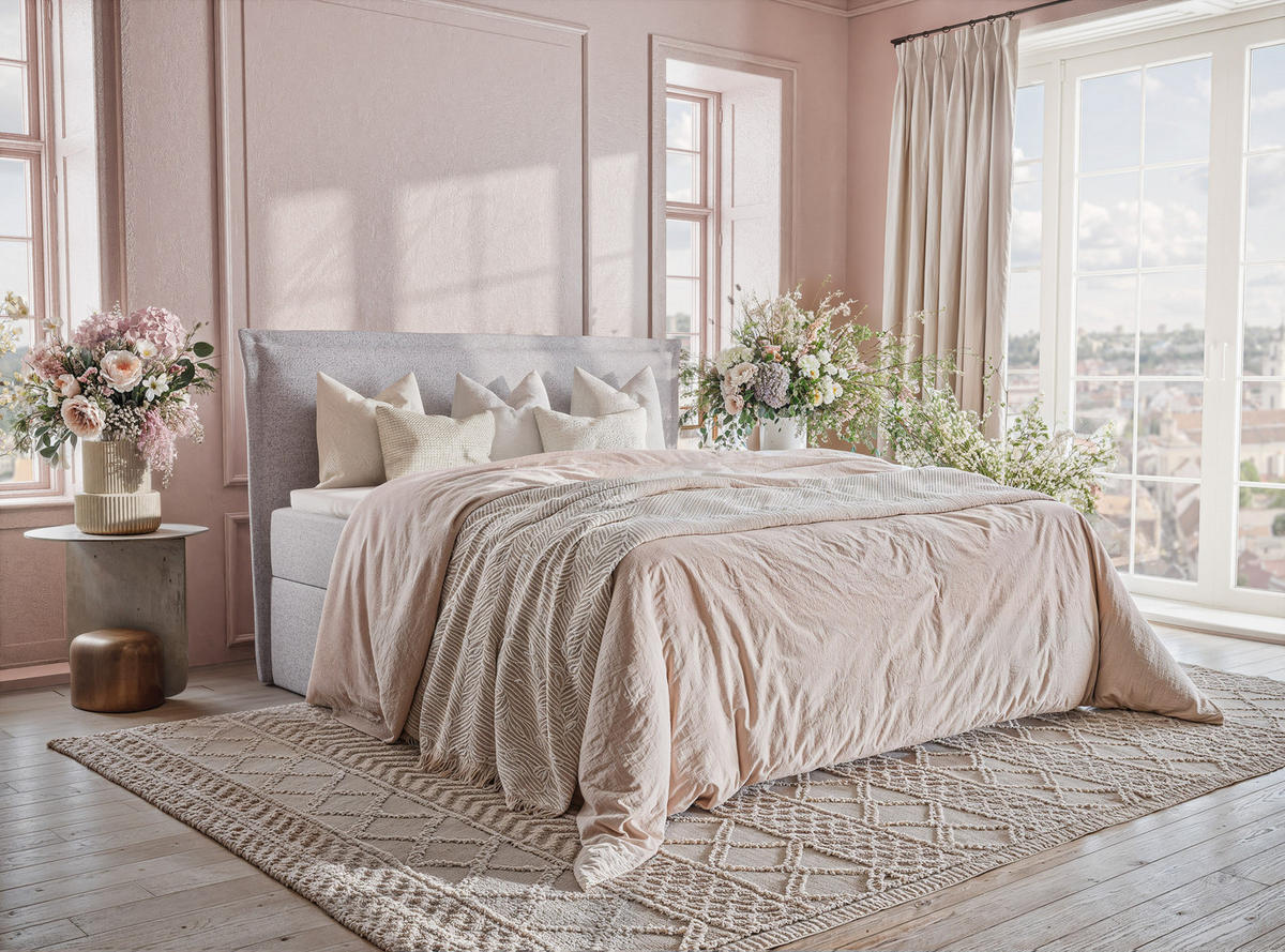 BOXBETT Saffron 160/200 cm, in Hellgrau, Bettkasten, Matratze, Topper - Hellgrau/Schwarz, Holz/Holzwerkstoff (160/200cm) - Maison de Reve