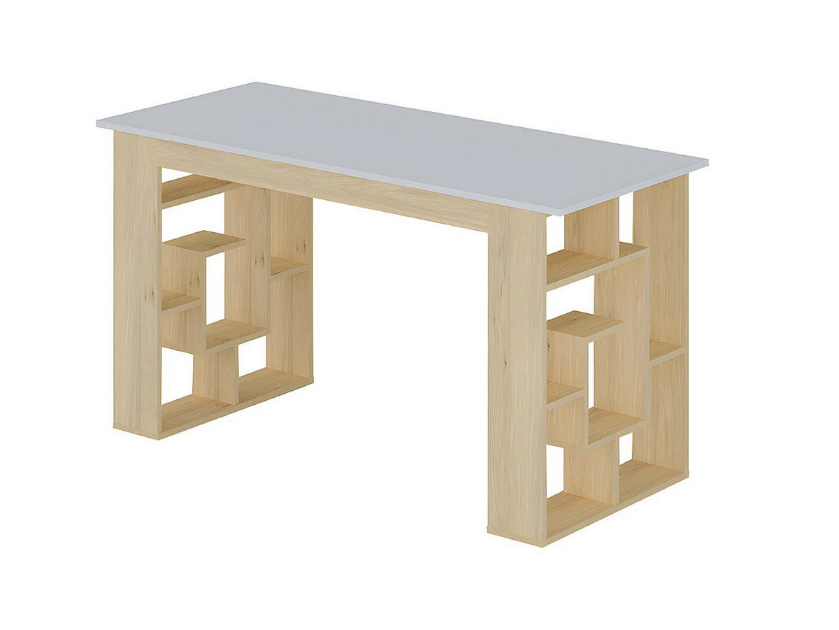 SCHREIBTISCH mit 10 Regalfächern - Holzfarben & Weiß - JOVISO - Naturfarben, Holz (140/60/75cm) - Vente-Unique