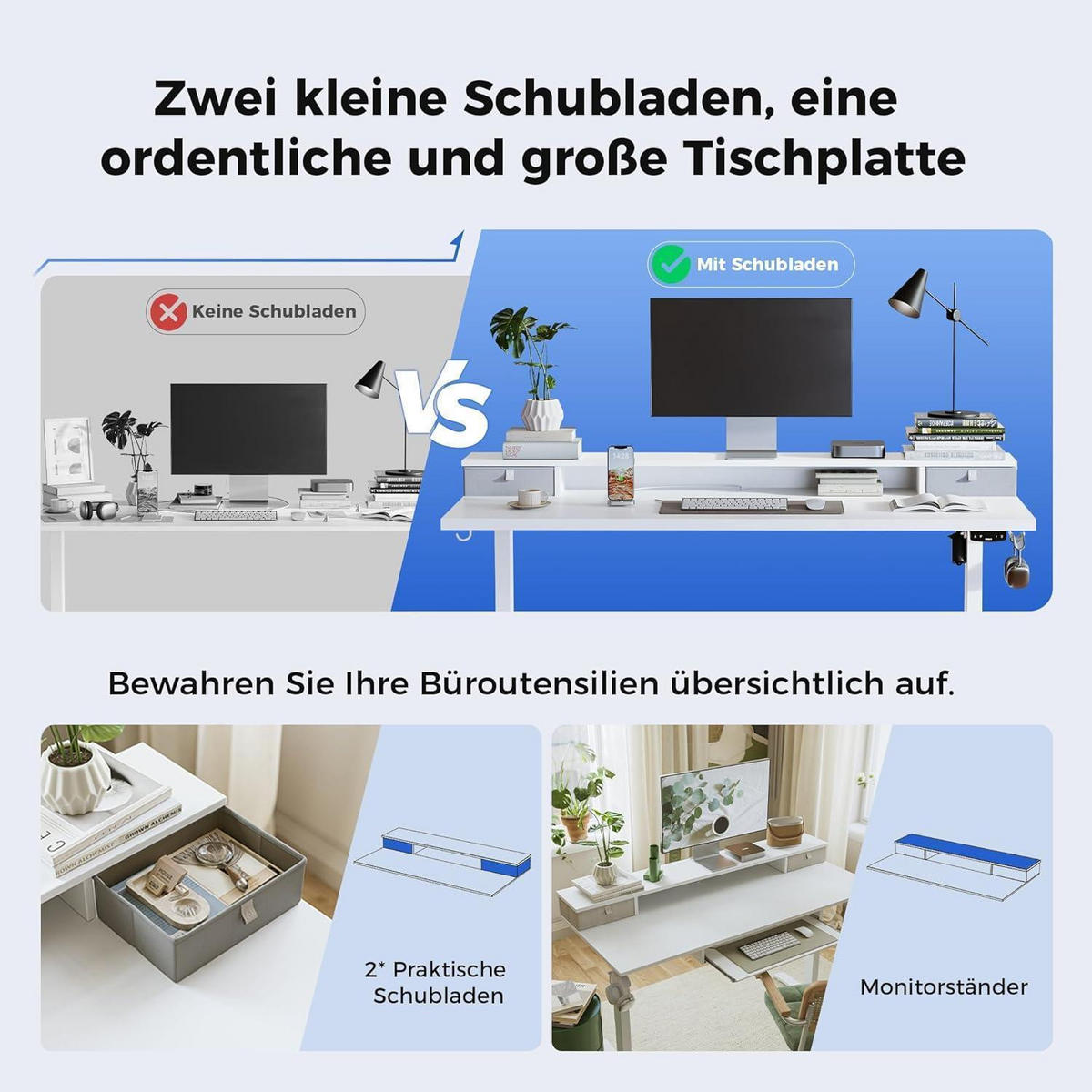SCHREIBTISCH Höhenverstellbar Elektrisch mit 2 Schubladen 100 x 60 cm Weiß - Weiß, Holzwerkstoff (100/60/75cm)