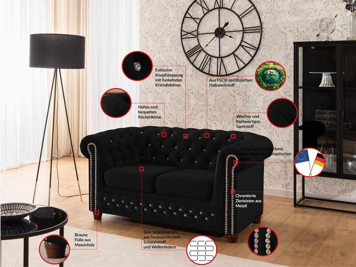 CHESTERFIELD-SOFA 2-sitzer Cleo Blink Schwarz Samt mit Kristallsteppung und braunen Massivholzfüßen - Schwarz/Braun, Holz/Textil (148/72/86cm) - S-Style Möbel