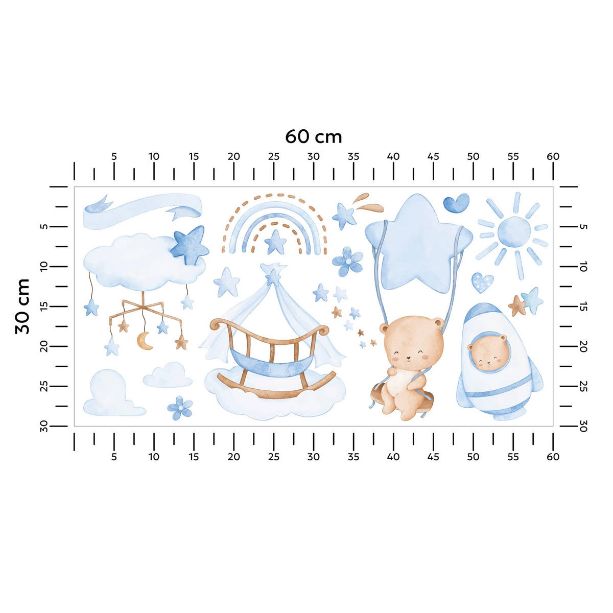 WANDSTICKER Teddybären blaue Wolken Sterne Regenbogen 60x30 - Blau/Beige, Papier (60/30/1cm) - Muralo