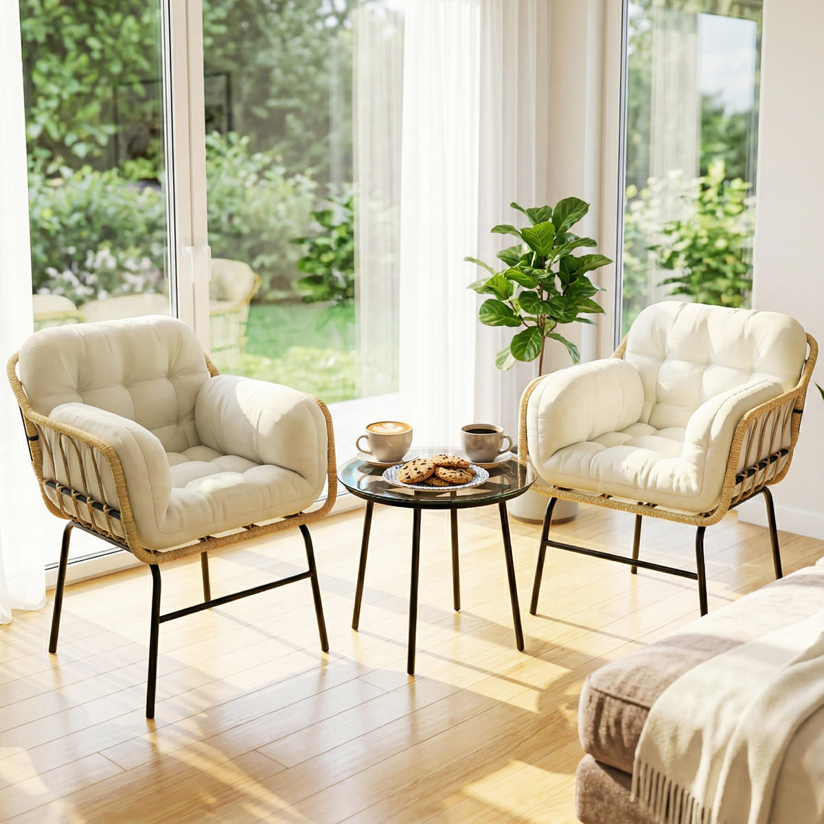 GARTENSITZGRUPPE 3tlg. DE-13717 mit Glastisch und Polsterkissen Kaki - Mokka, Metall - ComfortXL