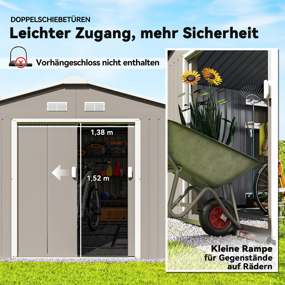 GERÄTEHAUS 12,4 m², Gartenhaus mit Pultdach, Schiebetür, Fundament, Hellgrau - Hellgrau, Metall (340/200/386cm) - Outsunny