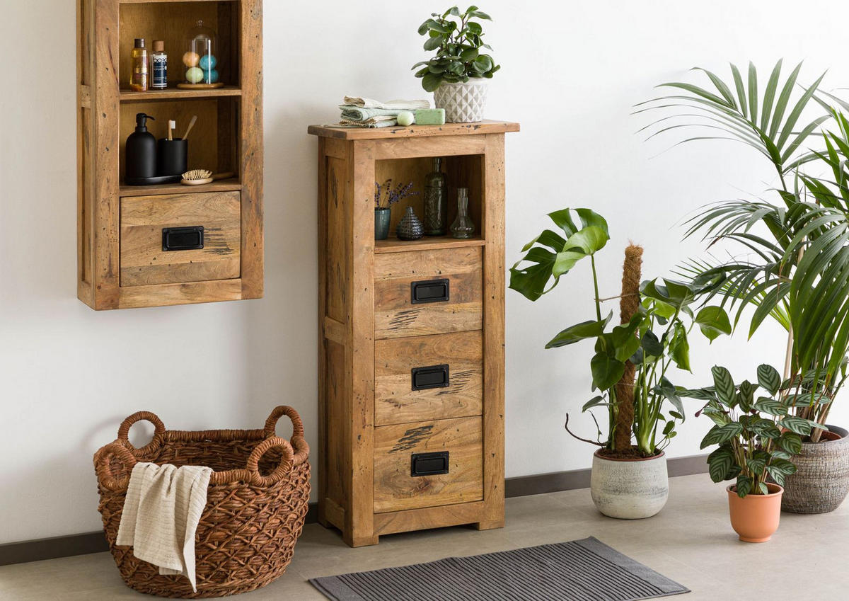KOMMODE Mango 50x30x120 natur lackiert RAILWAY #181 - Hellbraun, Holz (50/120/30cm) - Massivmoebel24