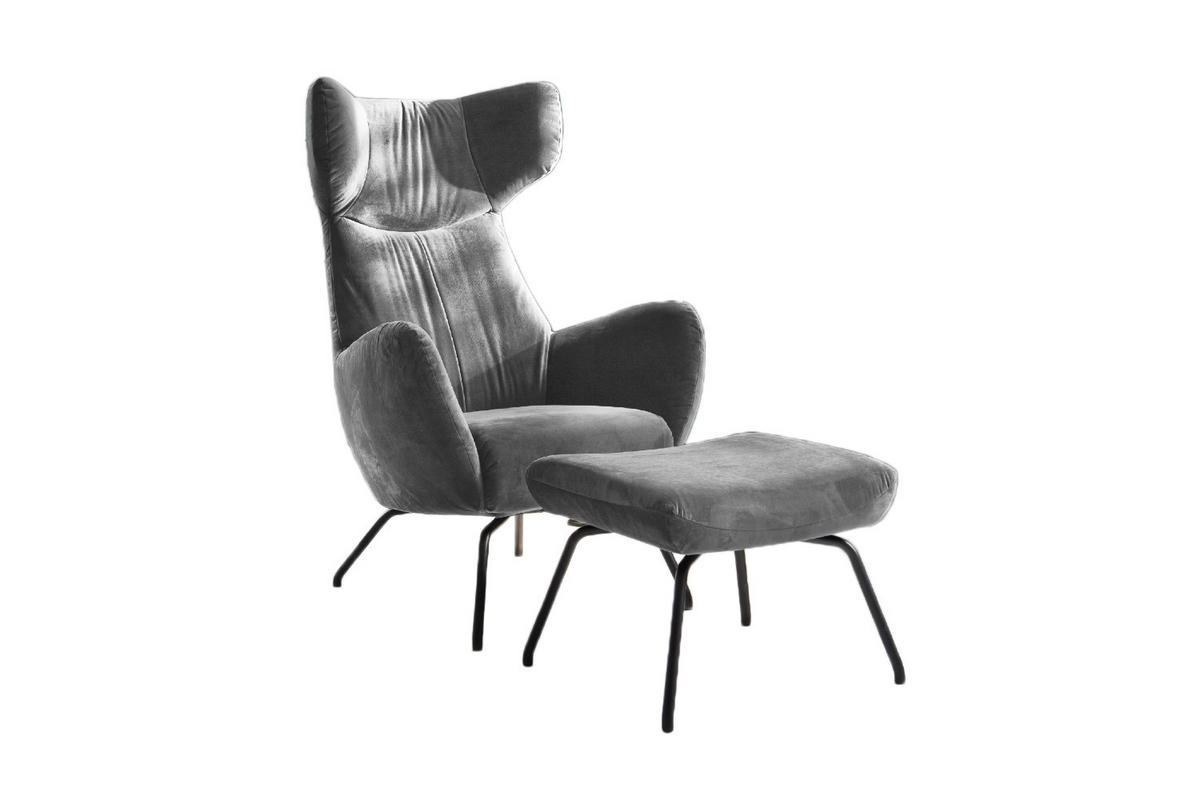 SESSEL MIT HOCKER LOTTE Silber Velvet - Silberfarben/Schwarz, Textil (79/117/82cm) - KAWOLA